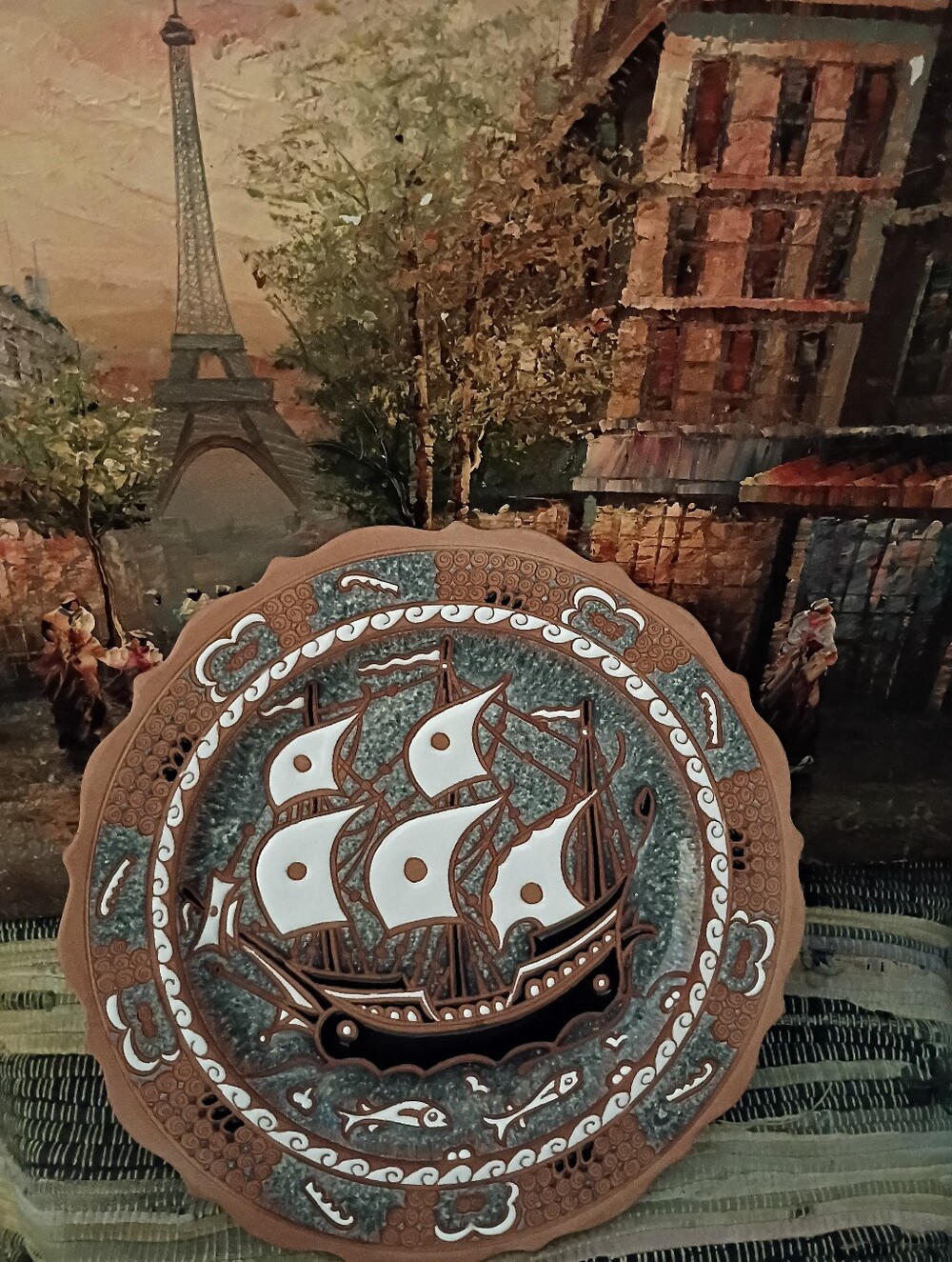 Artist Lindos Kermik Decorative Terracotta Sailing Ship Wall Plate,Brown,White.